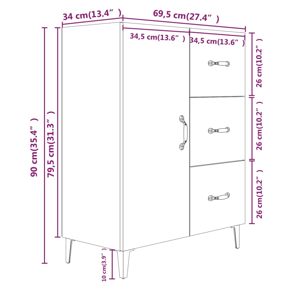Senkki ruskea tammi 69,5x34x90 cm tekninen puu - Sisustajankoti.fi