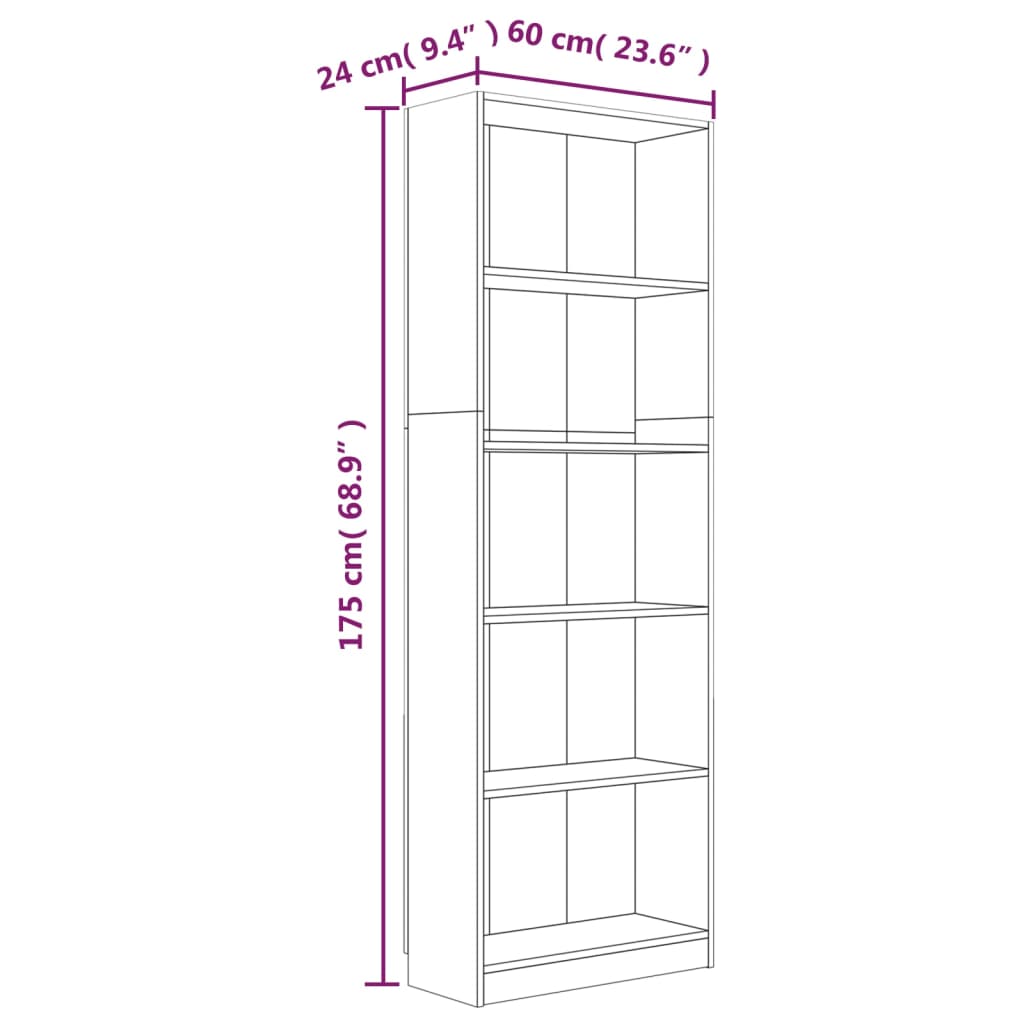 5-kerroksinen Kirjahylly ruskea tammi 60x24x175 cm tekninen puu - Sisustajankoti.fi