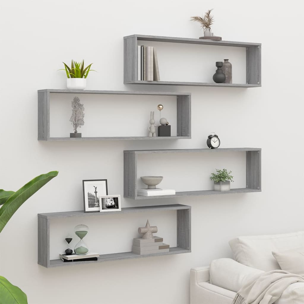 Seinäkuutiohyllyt 4 kpl harmaa Sonoma 100x15x30 cm tekninen puu - Sisustajankoti.fi