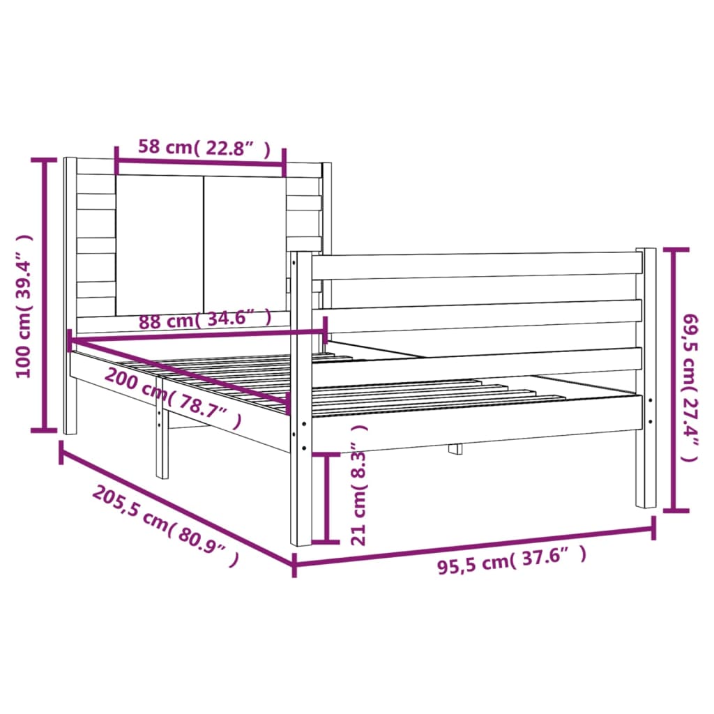 Sängynrunko musta täysi mänty 90x200 cm - Sisustajankoti.fi