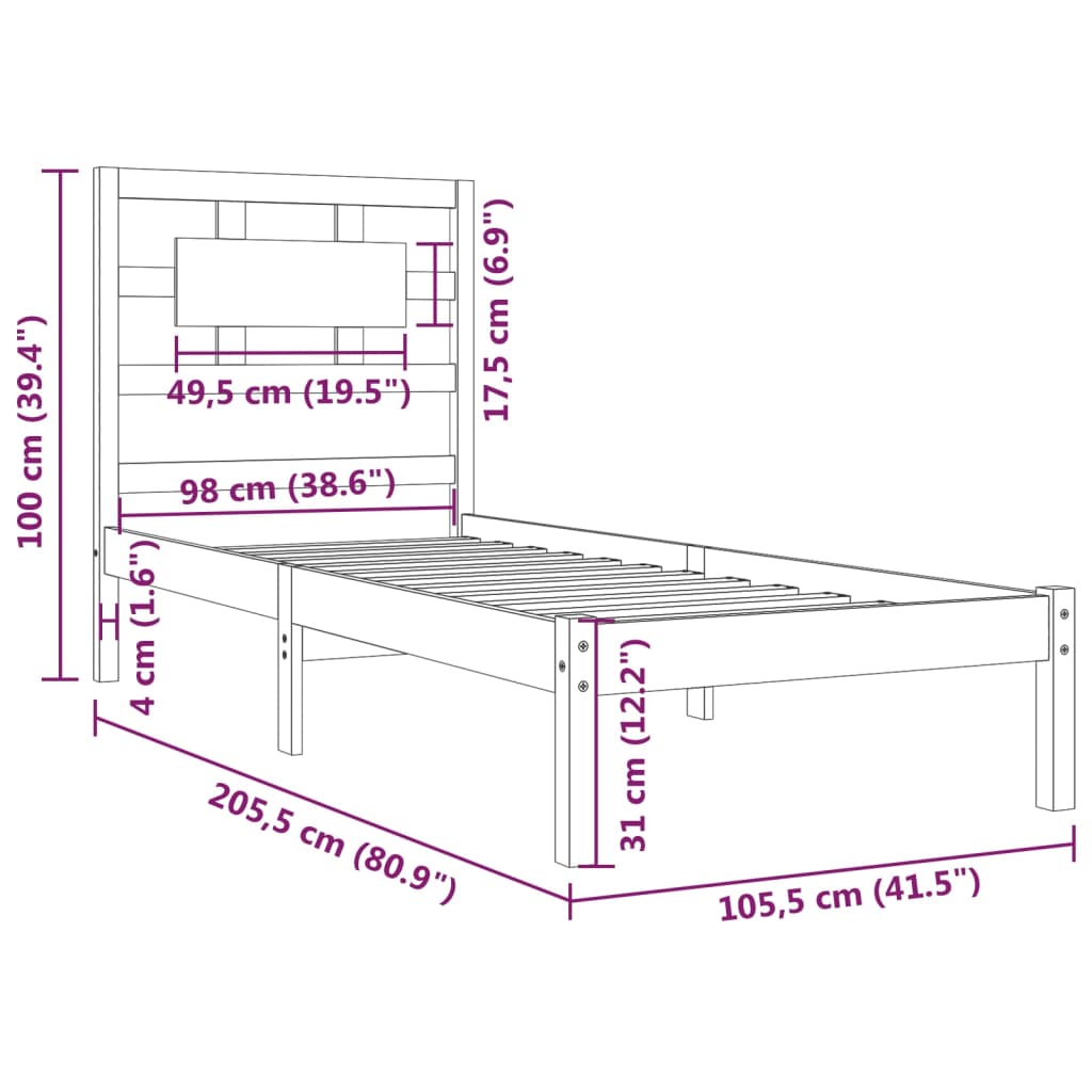 Sängynrunko musta täysi mänty 100x200 cm - Sisustajankoti.fi