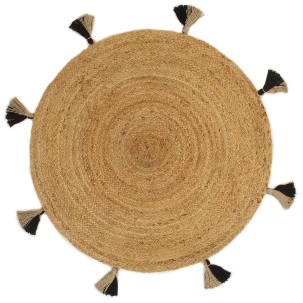 Punottu juuttimatto tupsuilla 90 cm pyöreä - Sisustajankoti.fi