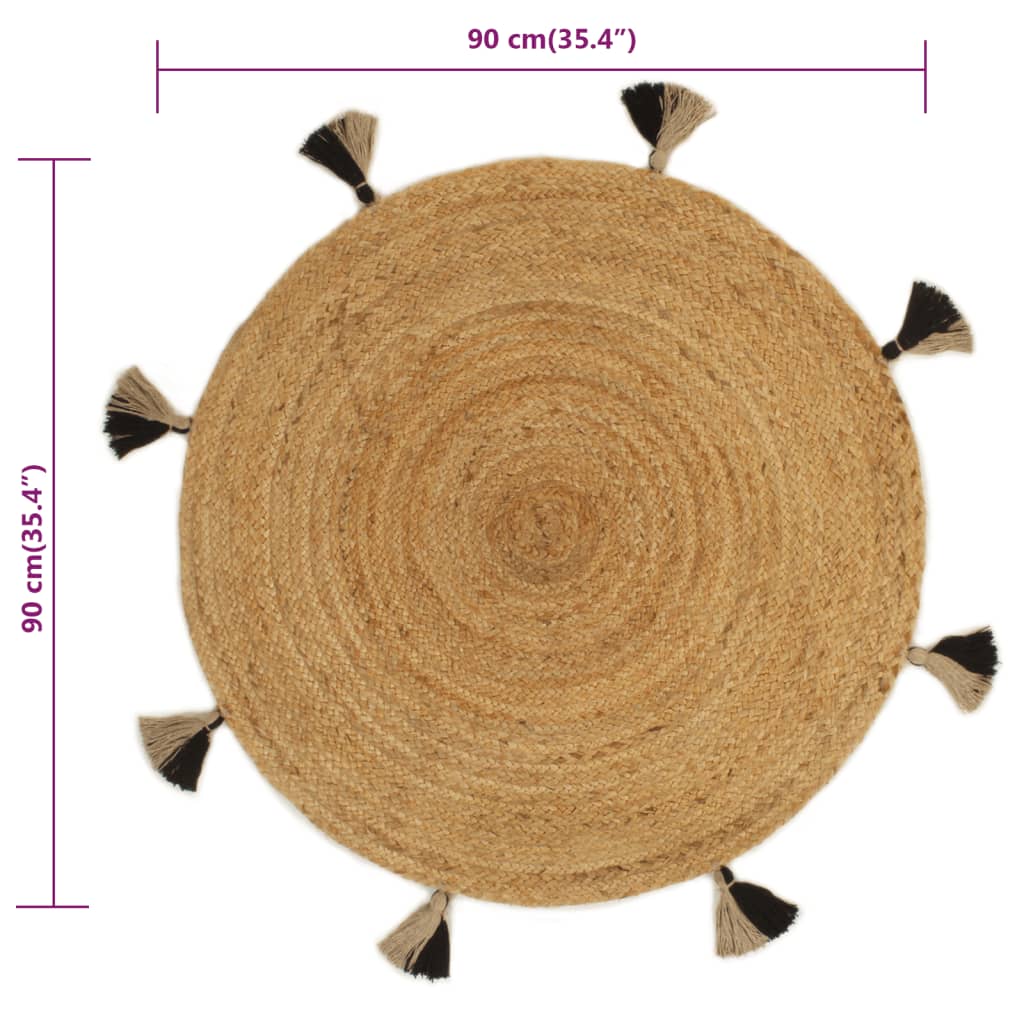 Punottu juuttimatto tupsuilla 90 cm pyöreä - Sisustajankoti.fi