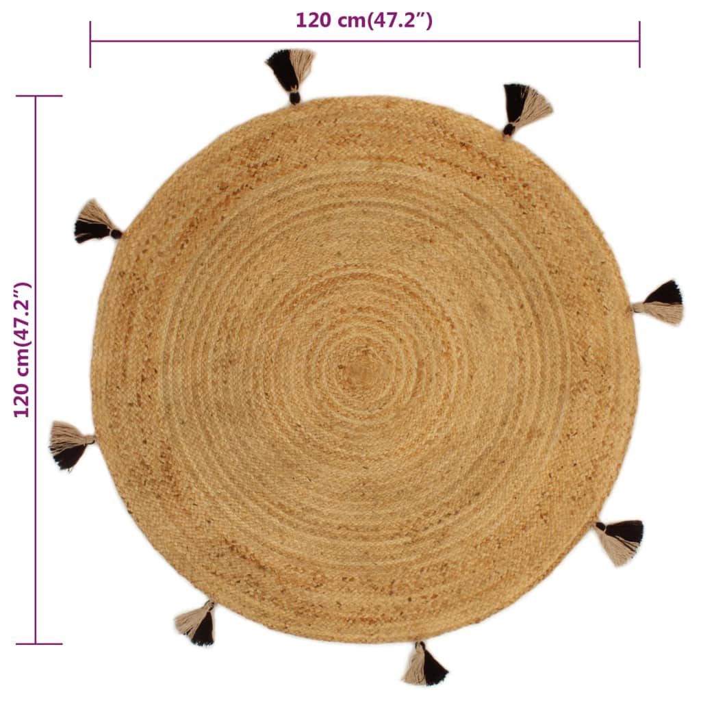 Punottu juuttimatto tupsuilla 120 cm pyöreä - Sisustajankoti.fi