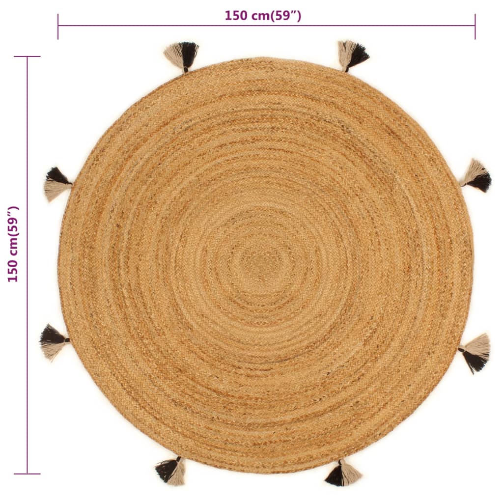 Punottu juuttimatto tupsuilla 150 cm pyöreä - Sisustajankoti.fi