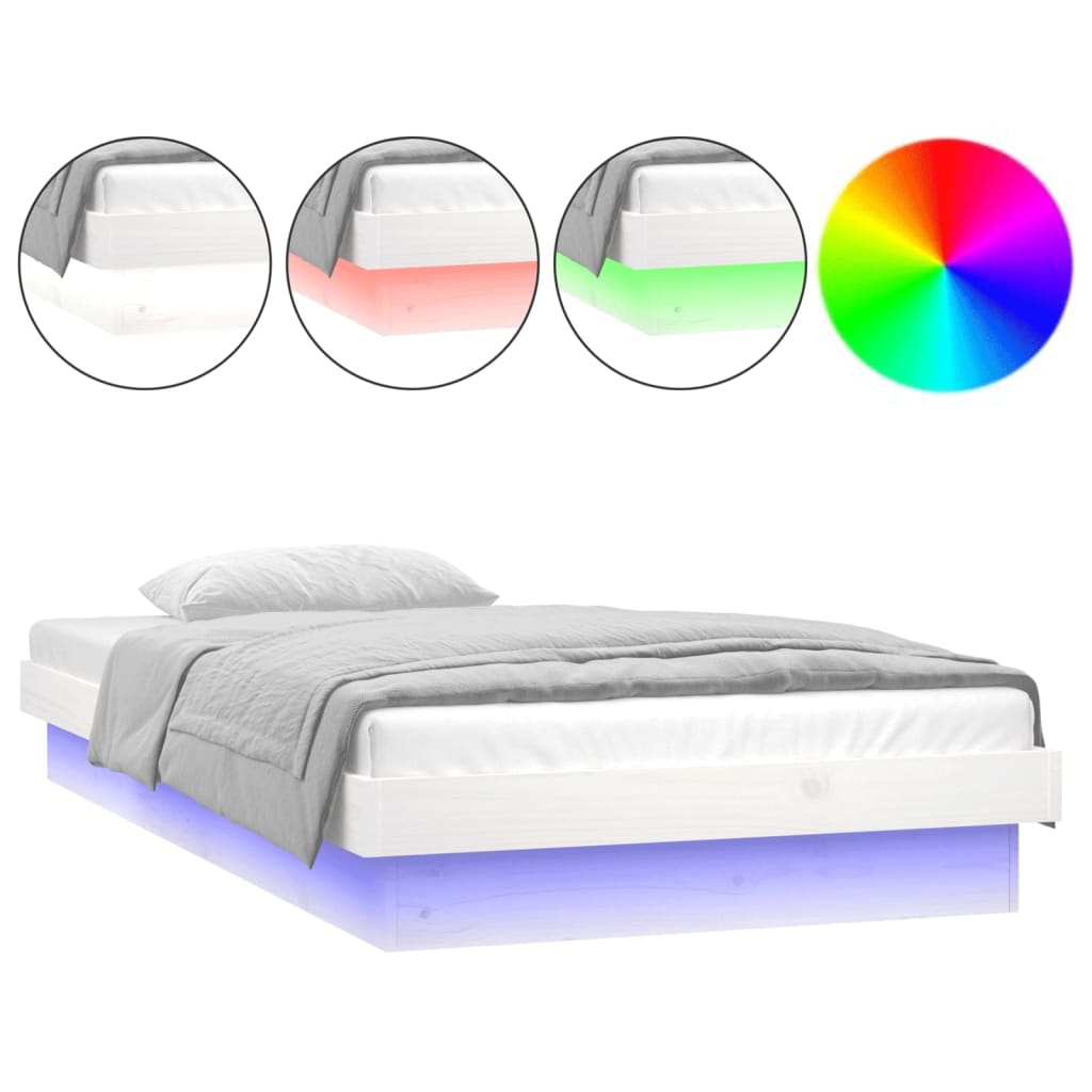 Sängynrunko LED-valoilla valkoinen 90x200 cm täysi puu - Sisustajankoti.fi