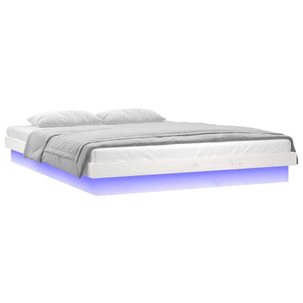 Sängynrunko LED-valoilla valkoinen 200x200 cm täysi puu - Sisustajankoti.fi