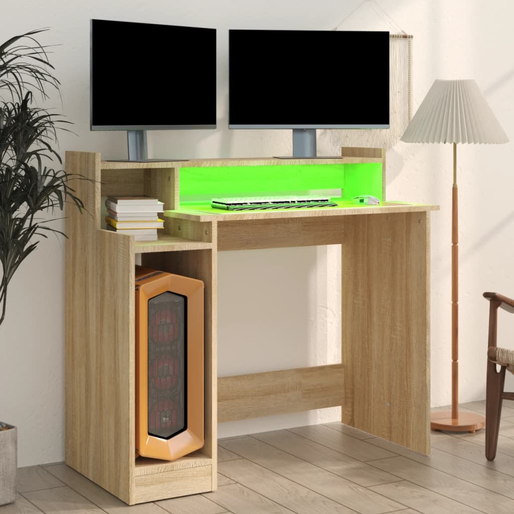 Työpöytä LED-valoilla Sonoma-tammi 97x45x90 cm tekninen puu - Sisustajankoti.fi