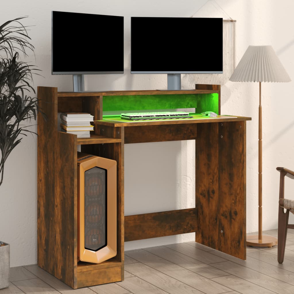 Työpöytä LED-valoilla savutammi 97x45x90 cm tekninen puu - Sisustajankoti.fi