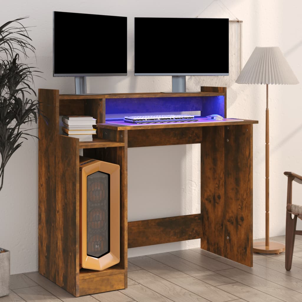 Työpöytä LED-valoilla savutammi 97x45x90 cm tekninen puu - Sisustajankoti.fi