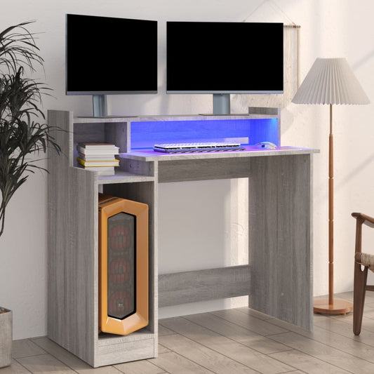 Työpöytä LED-valoilla harmaa Sonoma 97x45x90 cm tekninen puu - Sisustajankoti.fi
