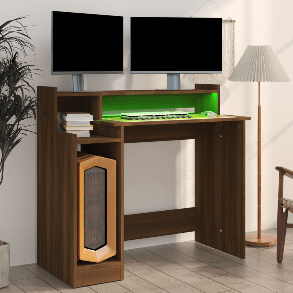Työpöytä LED-valoilla ruskea tammi 97x45x90 cm tekninen puu - Sisustajankoti.fi