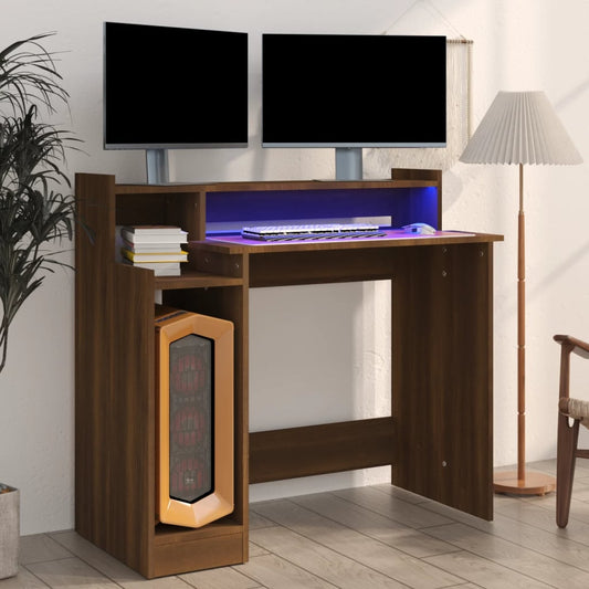 Työpöytä LED-valoilla ruskea tammi 97x45x90 cm tekninen puu - Sisustajankoti.fi