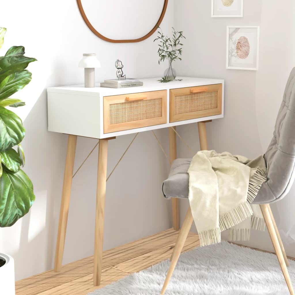 Konsolipöytä valkoinen 80x30x75 cm täysi mänty ja rottinki - Sisustajankoti.fi