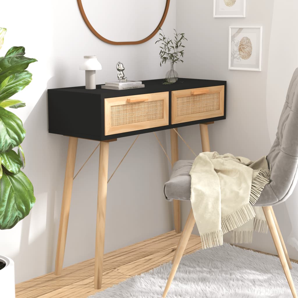 Konsolipöytä musta 80x30x75 cm täysi mänty ja rottinki - Sisustajankoti.fi