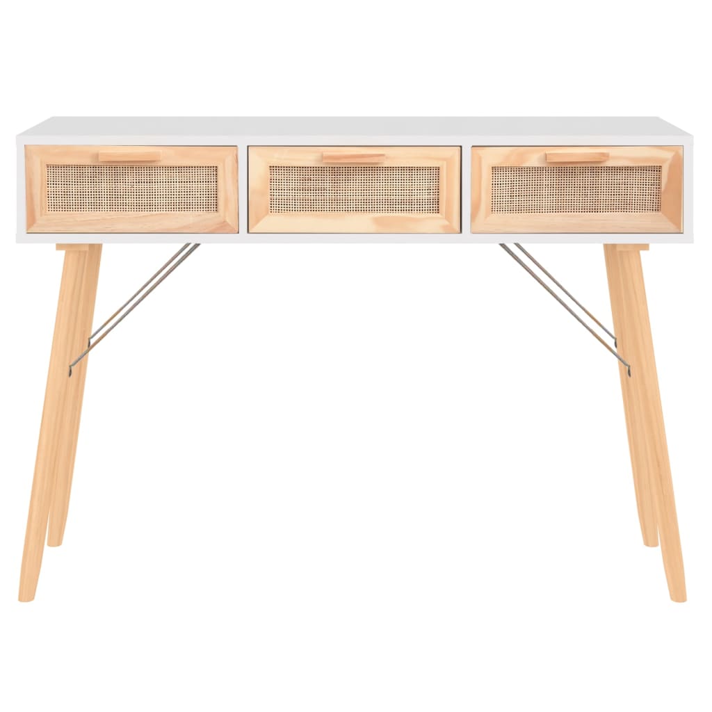 Konsolipöytä valkoinen 105x30x75 cm täysi mänty ja rottinki - Sisustajankoti.fi