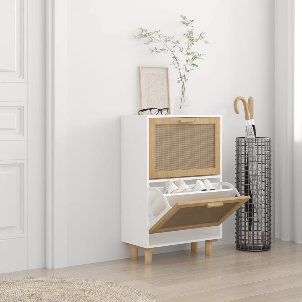 Kenkäkaappi valkoinen 52x25x80 cm tekninen puu/luonnonrottinki - Sisustajankoti.fi