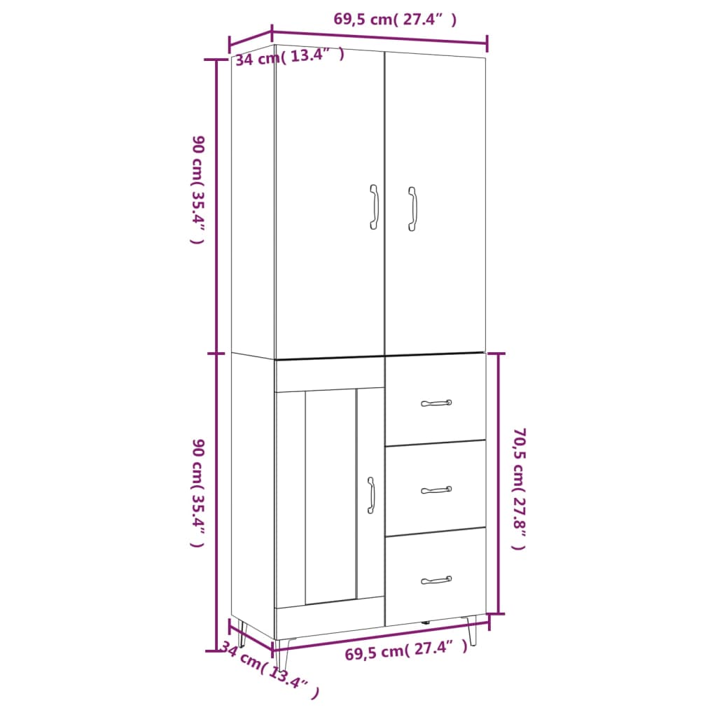 Kaappi betoninharmaa 69,5x34x180 cm tekninen puu - Sisustajankoti.fi