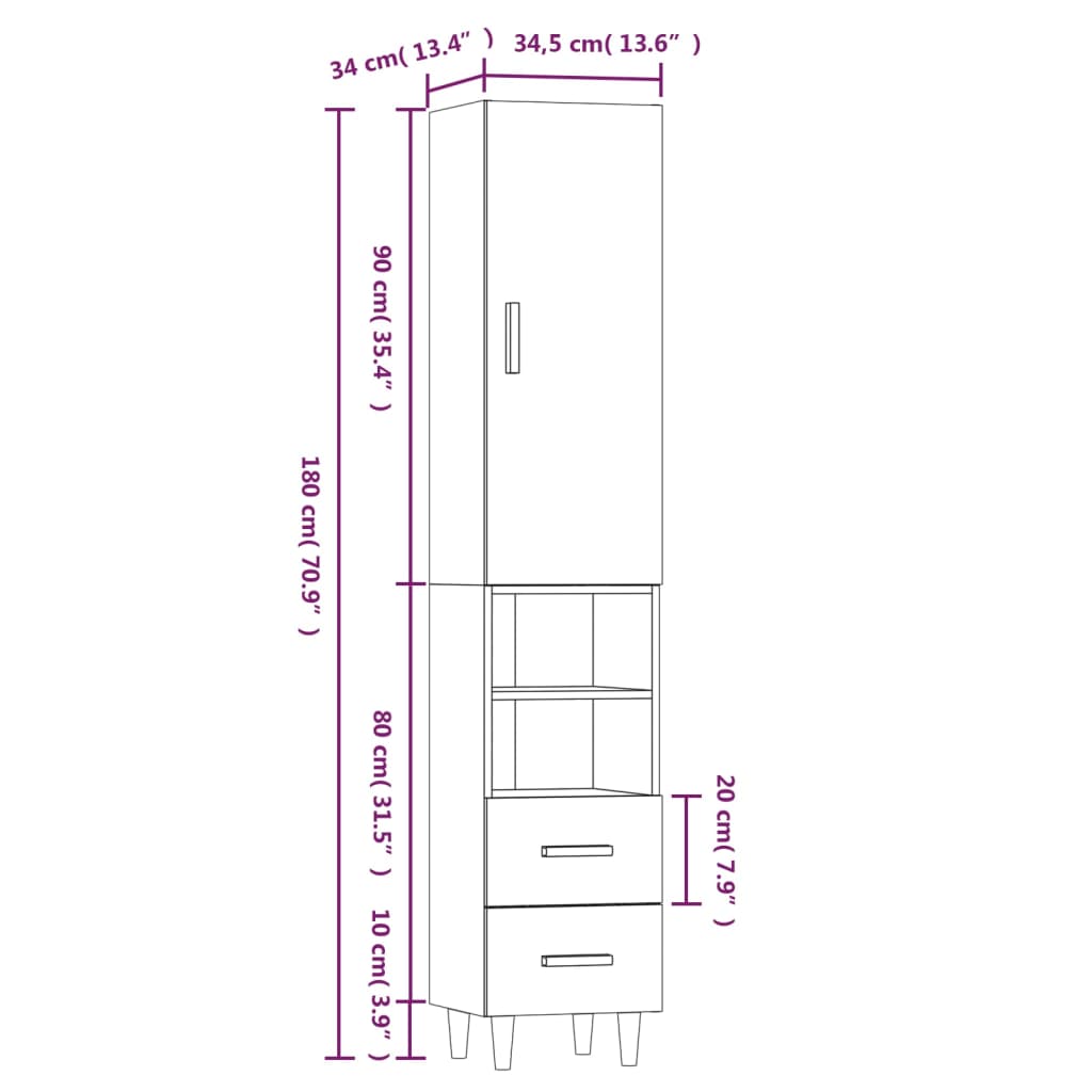 Kaappi korkeakiilto valkoinen 34,5x34x180 cm tekninen puu - Sisustajankoti.fi