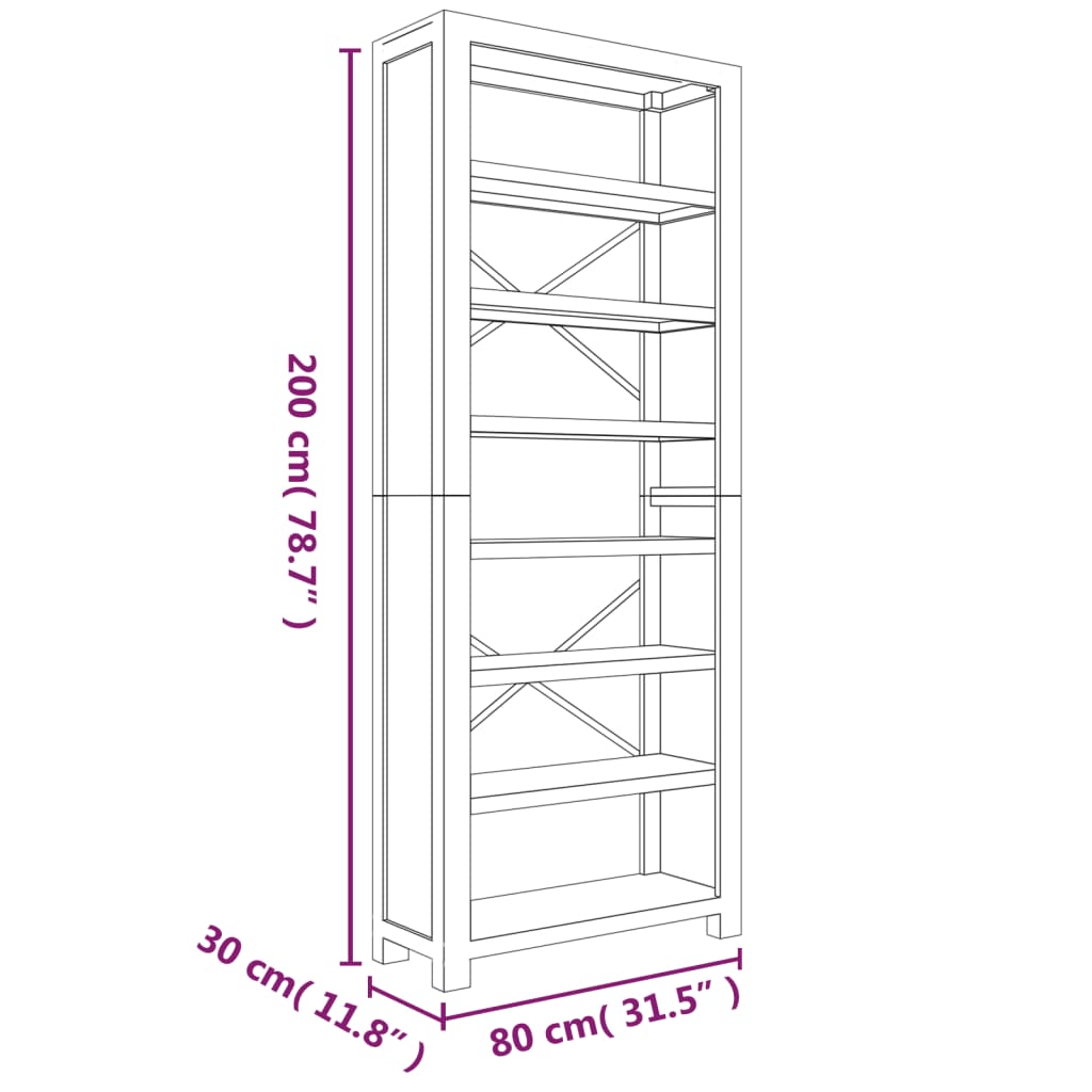 Kirjahylly 7 tasoa 80x30x200 cm täysi akaasiapuu - Sisustajankoti.fi
