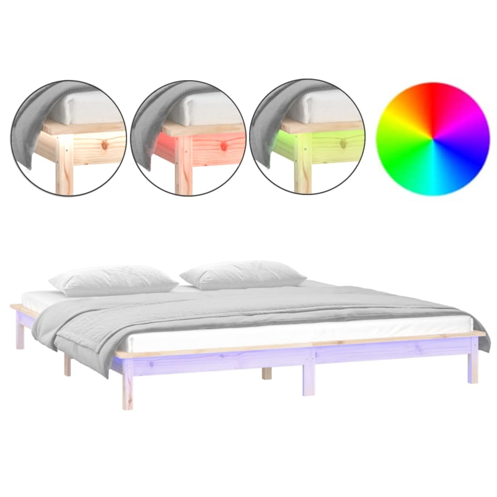 Sängynrunko LED-valoilla 200x200 cm täysi puu - Sisustajankoti.fi