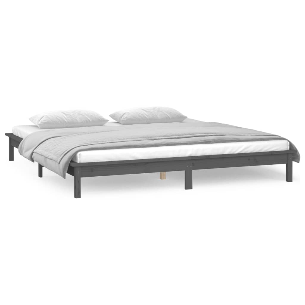 Sängynrunko LED-valoilla harmaa 200x200 cm täysi puu - Sisustajankoti.fi