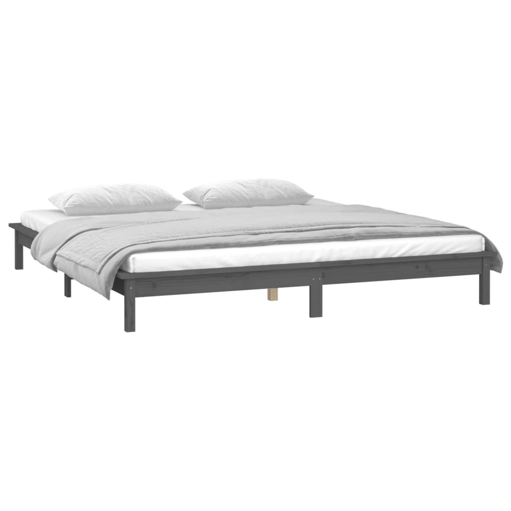 Sängynrunko LED-valoilla harmaa 200x200 cm täysi puu - Sisustajankoti.fi
