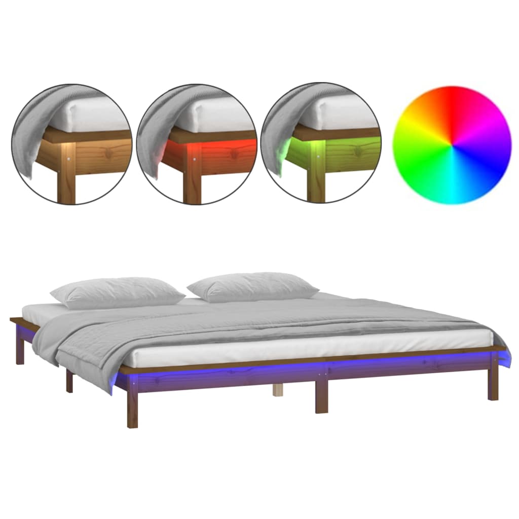 Sängynrunko LED-valoilla hunajanruskea 200x200 cm täysi mänty - Sisustajankoti.fi