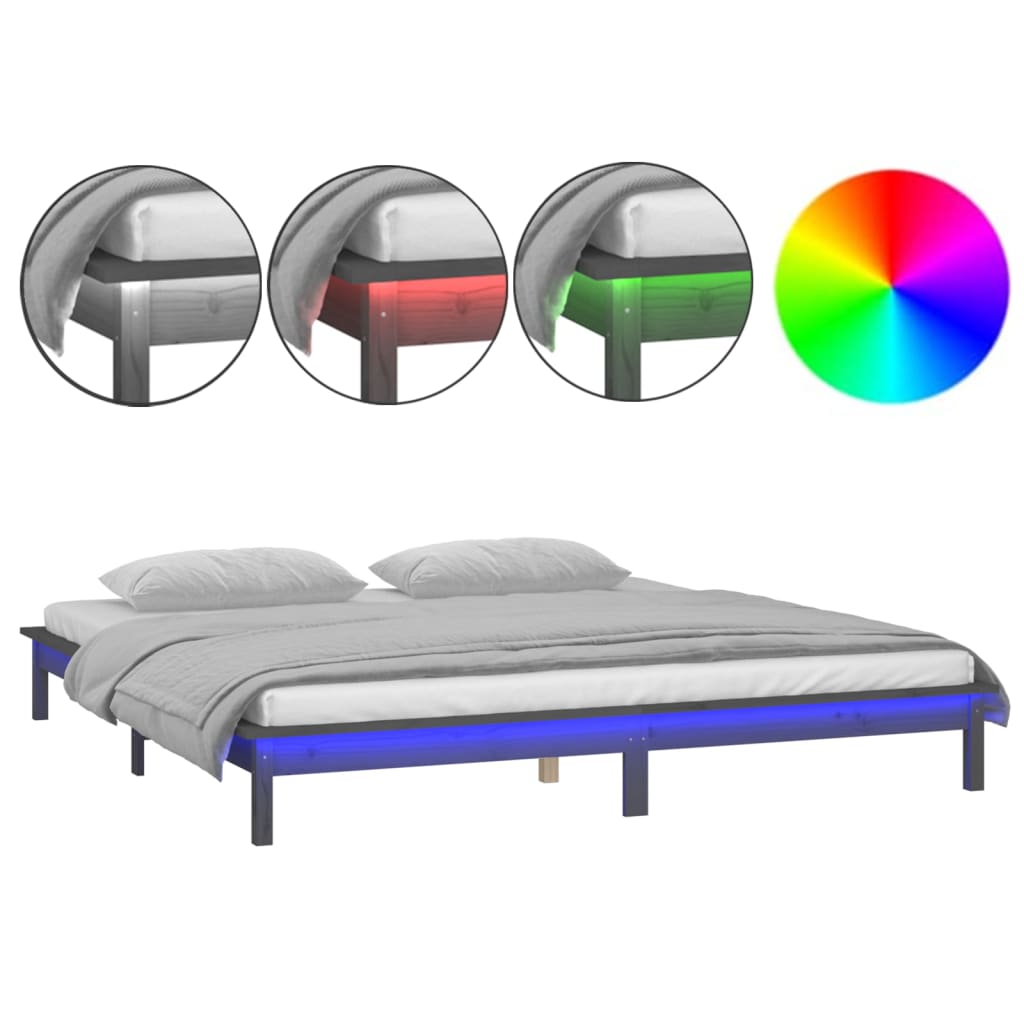 Sängynrunko LED valoilla harmaa 140x190 cm täysi puu - Sisustajankoti.fi