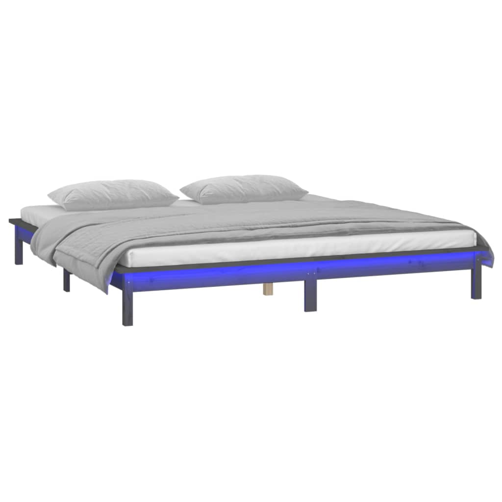 Sängynrunko LED valoilla harmaa 140x190 cm täysi puu - Sisustajankoti.fi