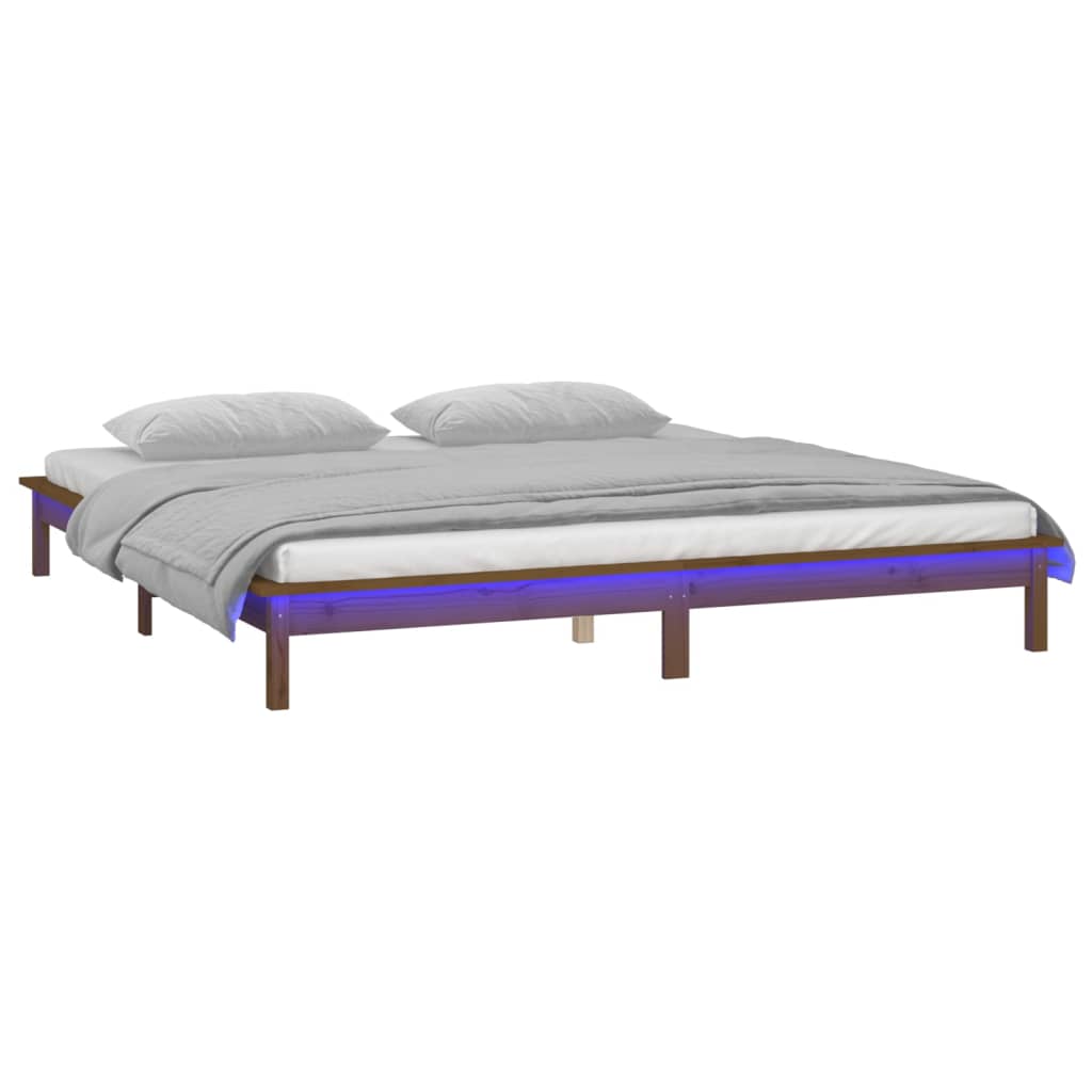 Sängynrunko LED-valoilla hunajanruskea 140x190 cm täysi puu - Sisustajankoti.fi