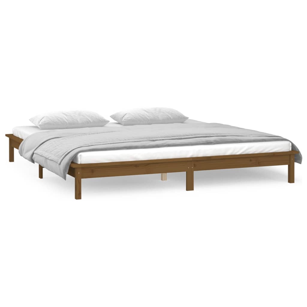 Sängynrunko LED-valoilla hunajanruskea 140x190 cm täysi puu - Sisustajankoti.fi