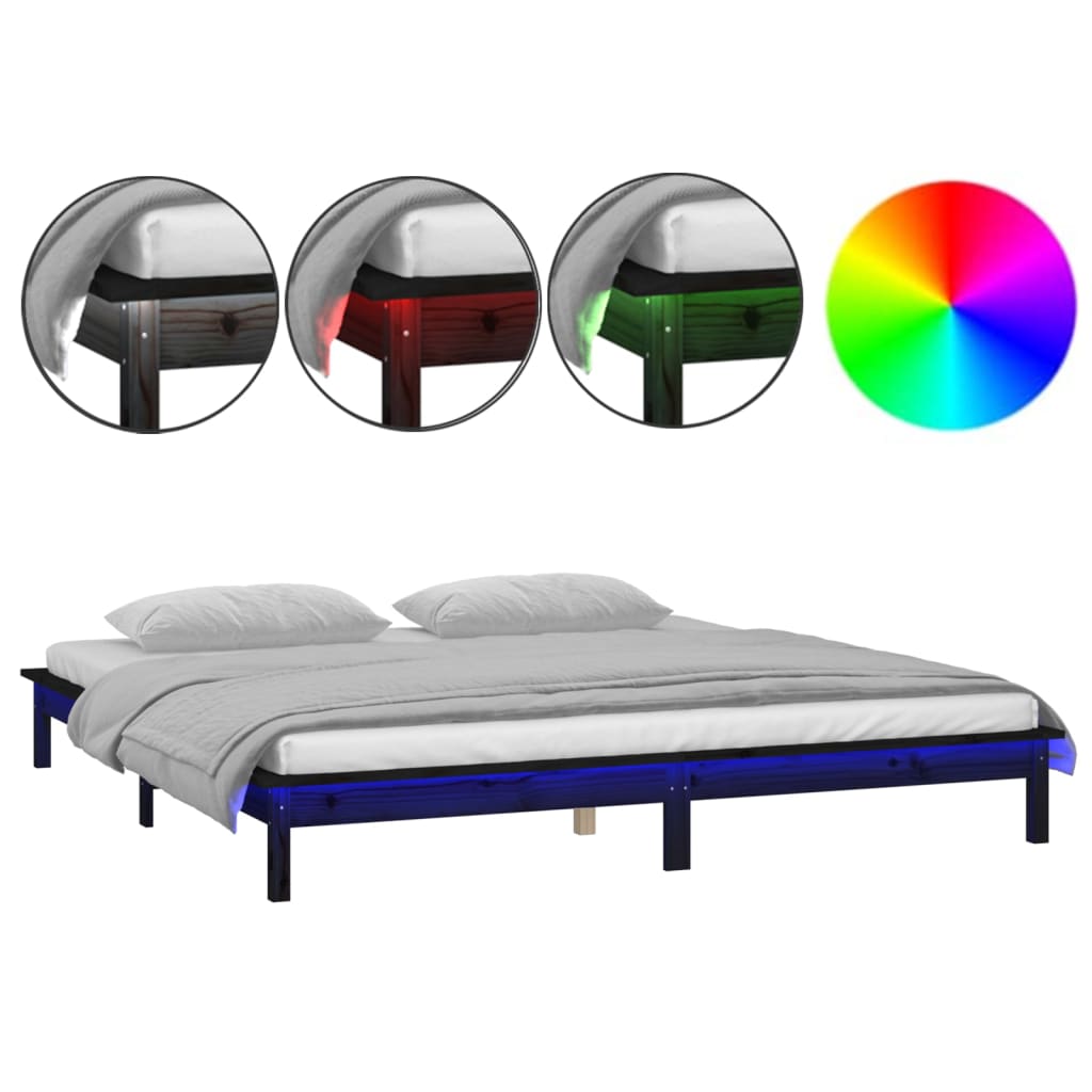 Sängynrunko LED-valoilla musta 140x190 cm täysi puu - Sisustajankoti.fi