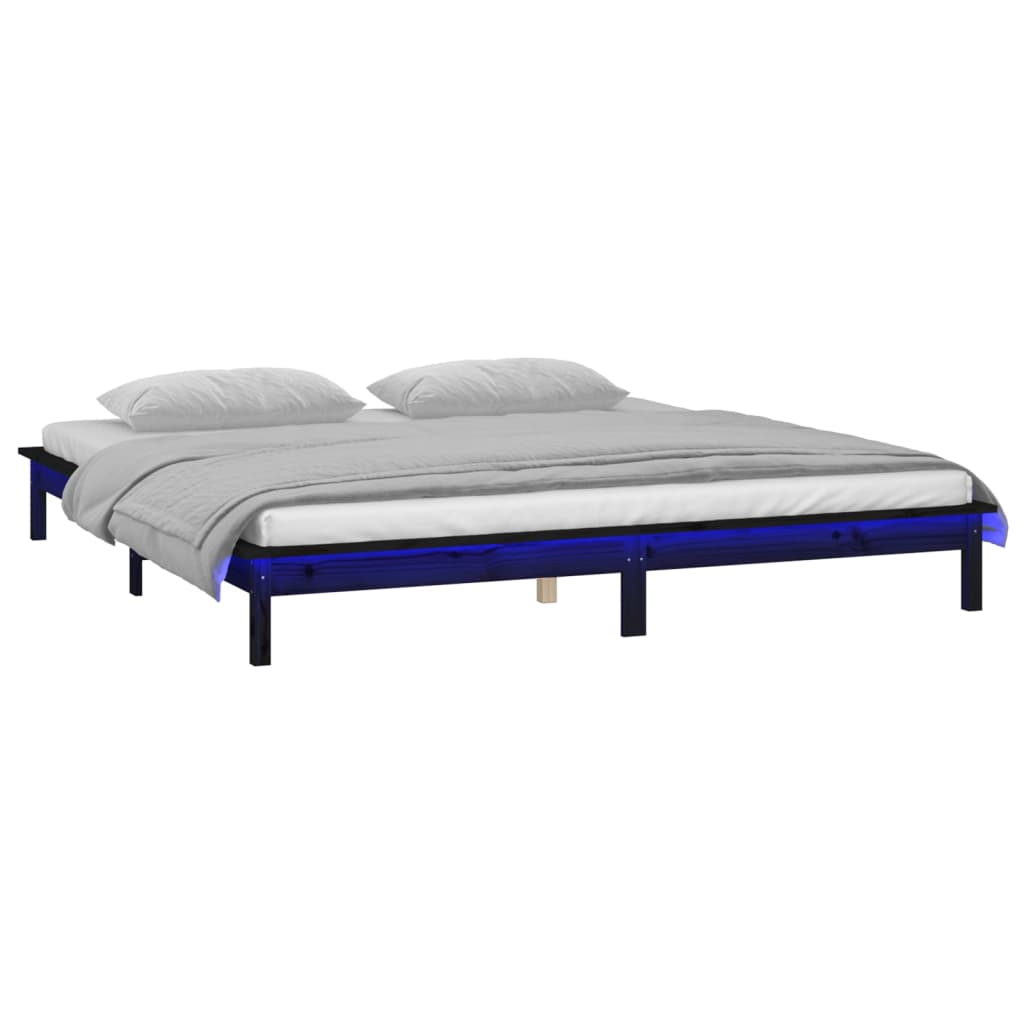 Sängynrunko LED-valoilla musta 140x190 cm täysi puu - Sisustajankoti.fi