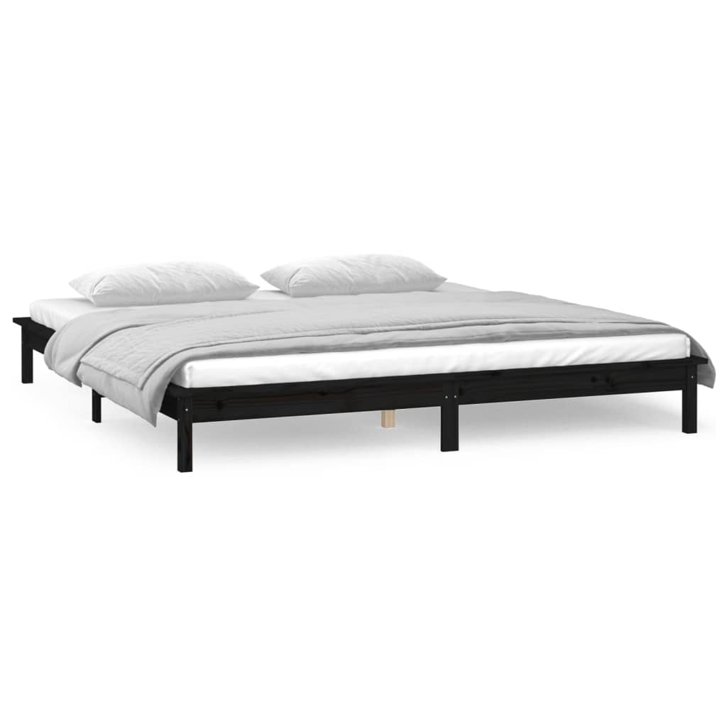 Sängynrunko LED-valoilla musta 140x190 cm täysi puu - Sisustajankoti.fi