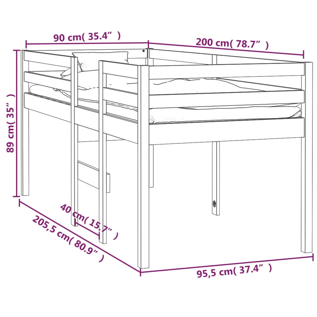 Korotettu sänky musta 90x200 cm täysi mänty - Sisustajankoti.fi