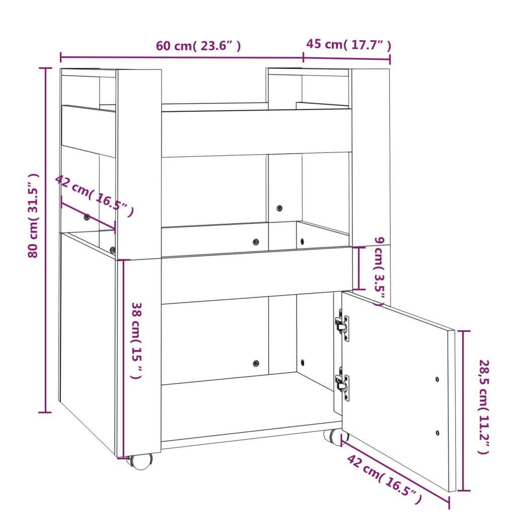 Keittiövaunu betoninharmaa 60x45x80 cm tekninen puu - Sisustajankoti.fi