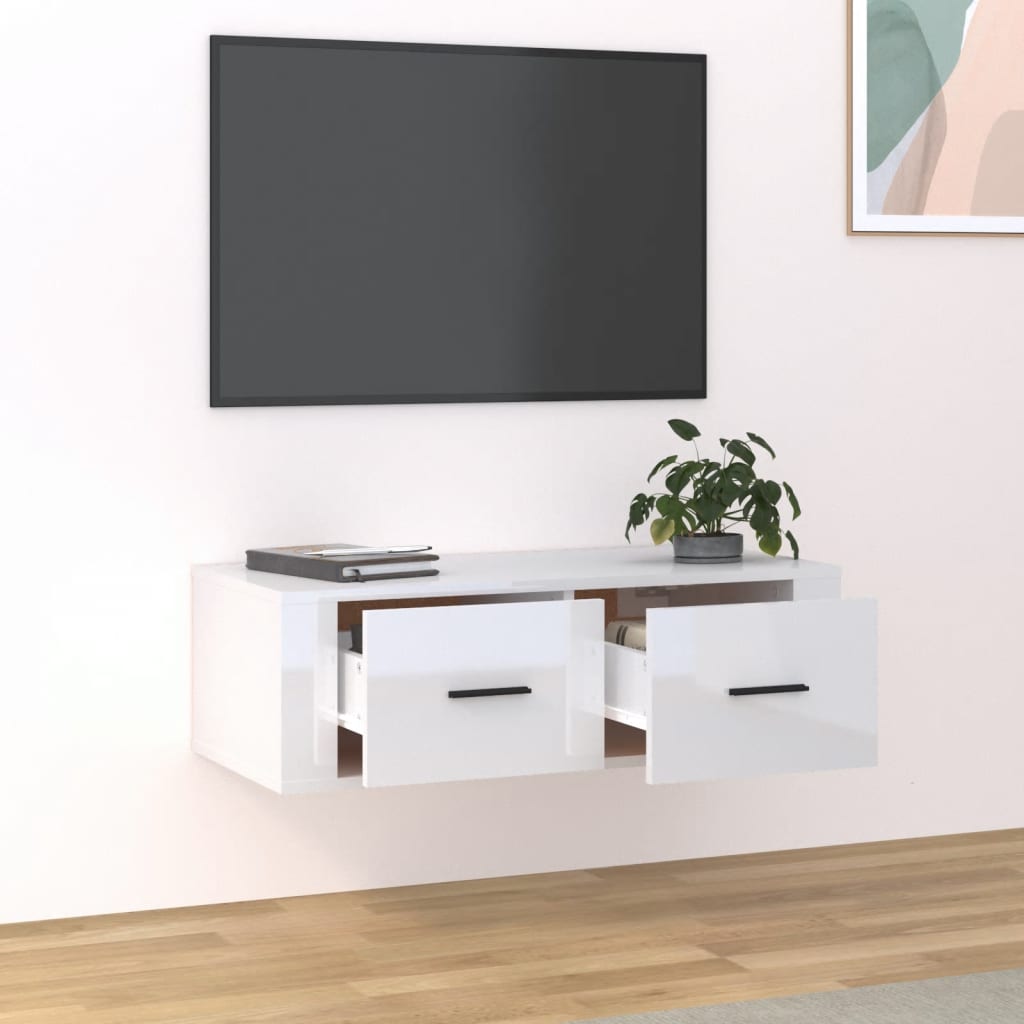 Seinä TV-taso korkeakiilto valkoinen 80x36x25 cm tekninen puu - Sisustajankoti.fi