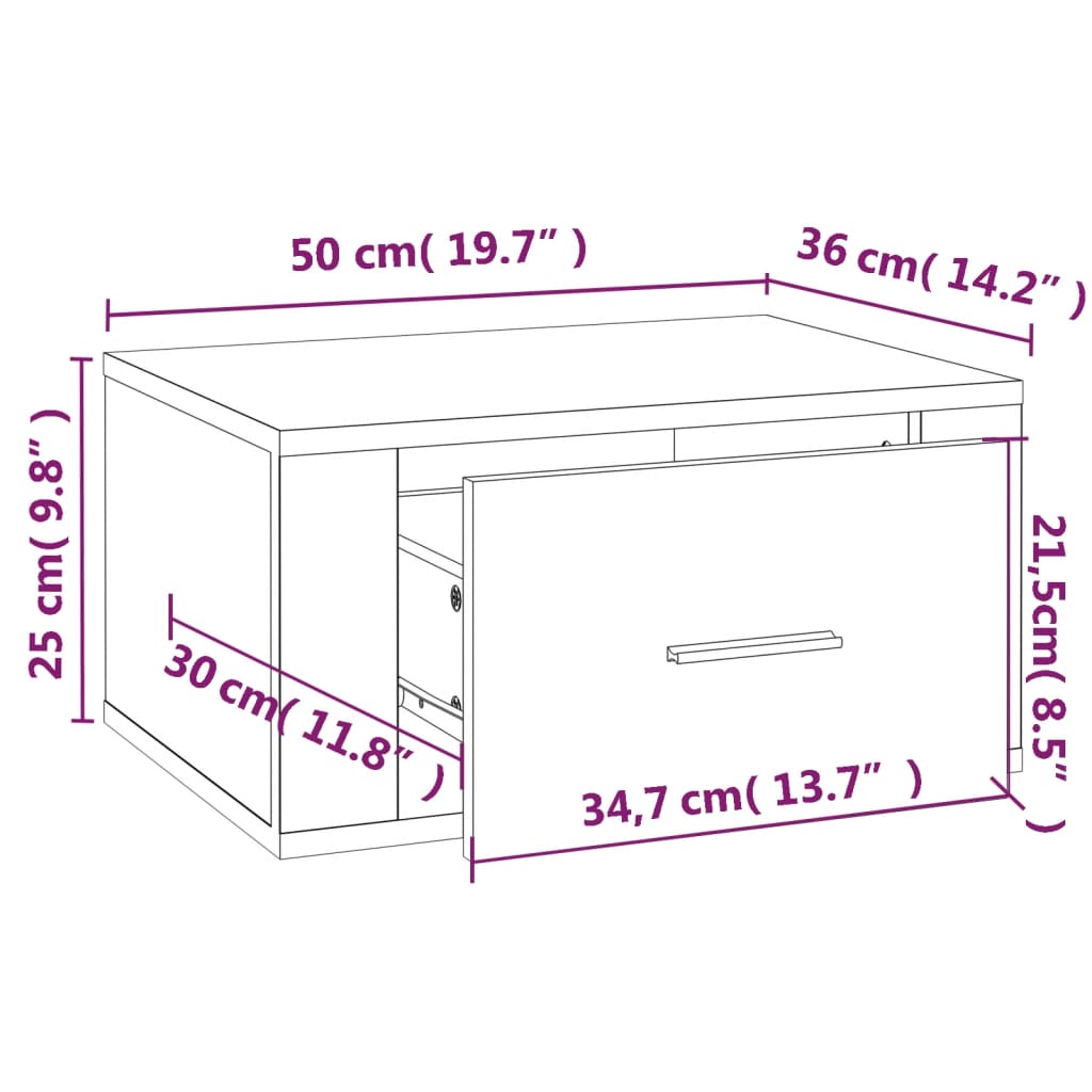 Seinäkiinnitettävä yöpöytä betoninharmaa 50x36x25 cm - Sisustajankoti.fi