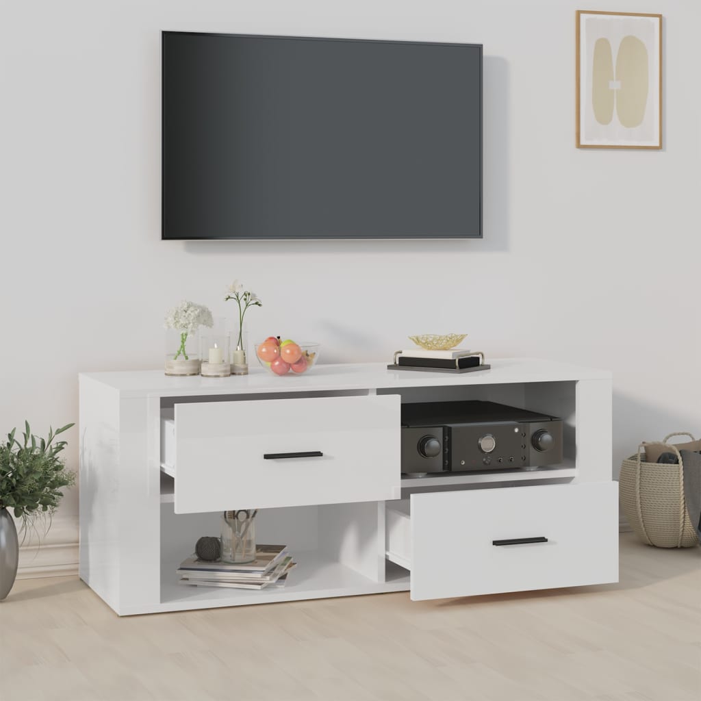 TV-taso korkeakiilto valkoinen 100x35x40 cm tekninen puu - Sisustajankoti.fi
