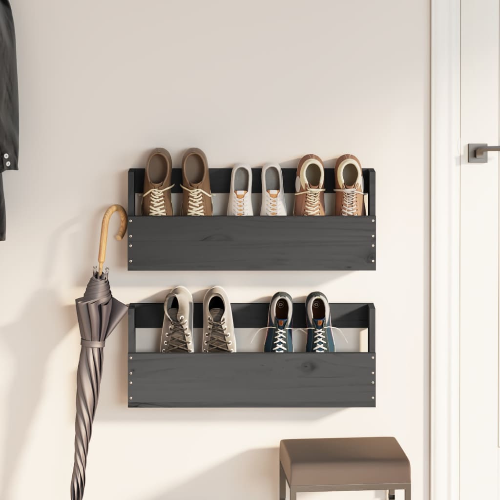 Seinäkenkätelineet 2 kpl harmaa 59x9x23 cm täysi mänty - Sisustajankoti.fi