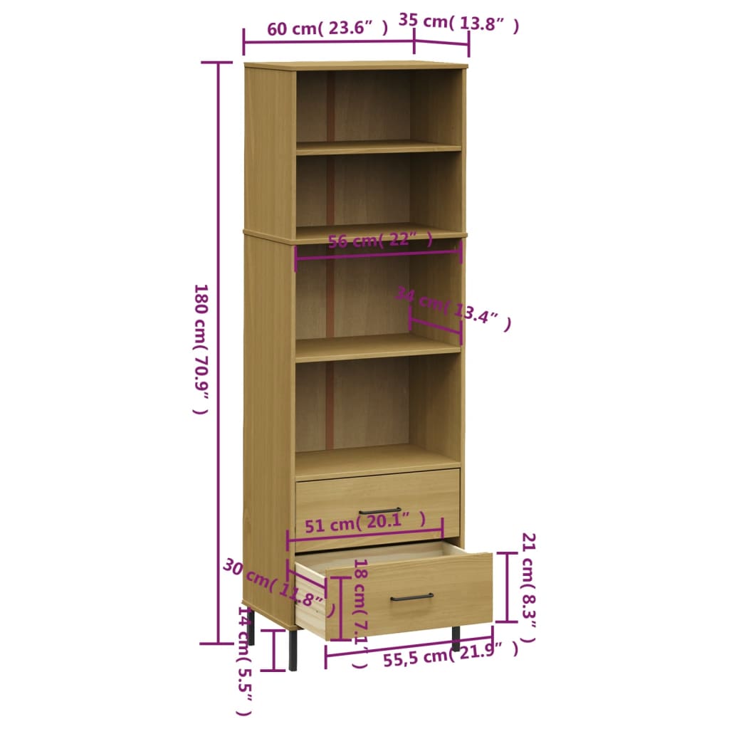 Kirjahylly 2 laatikolla ruskea 60x35x180 cm täyspuu OSLO - Sisustajankoti.fi