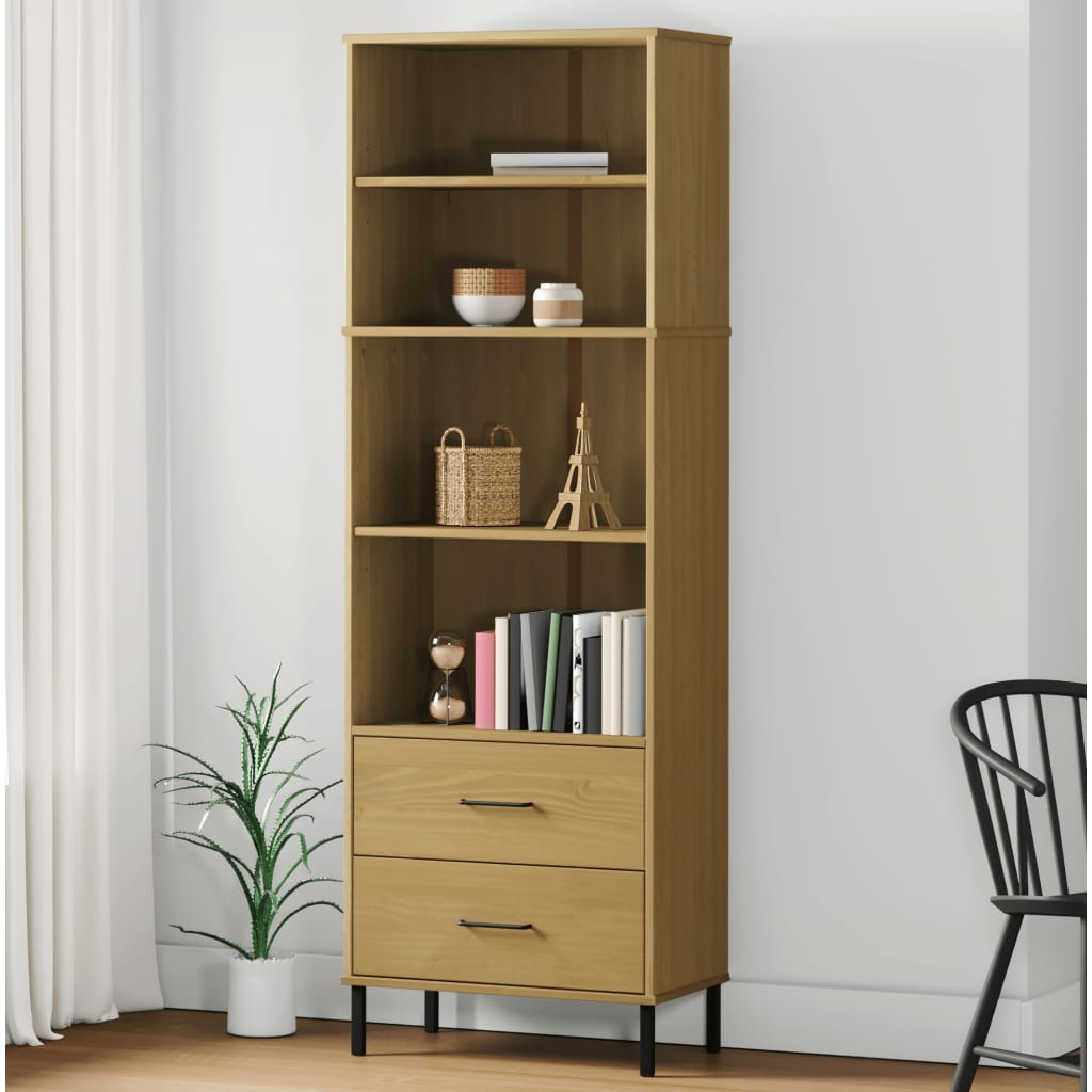 Kirjahylly 2 laatikolla ruskea 60x35x180 cm täyspuu OSLO - Sisustajankoti.fi
