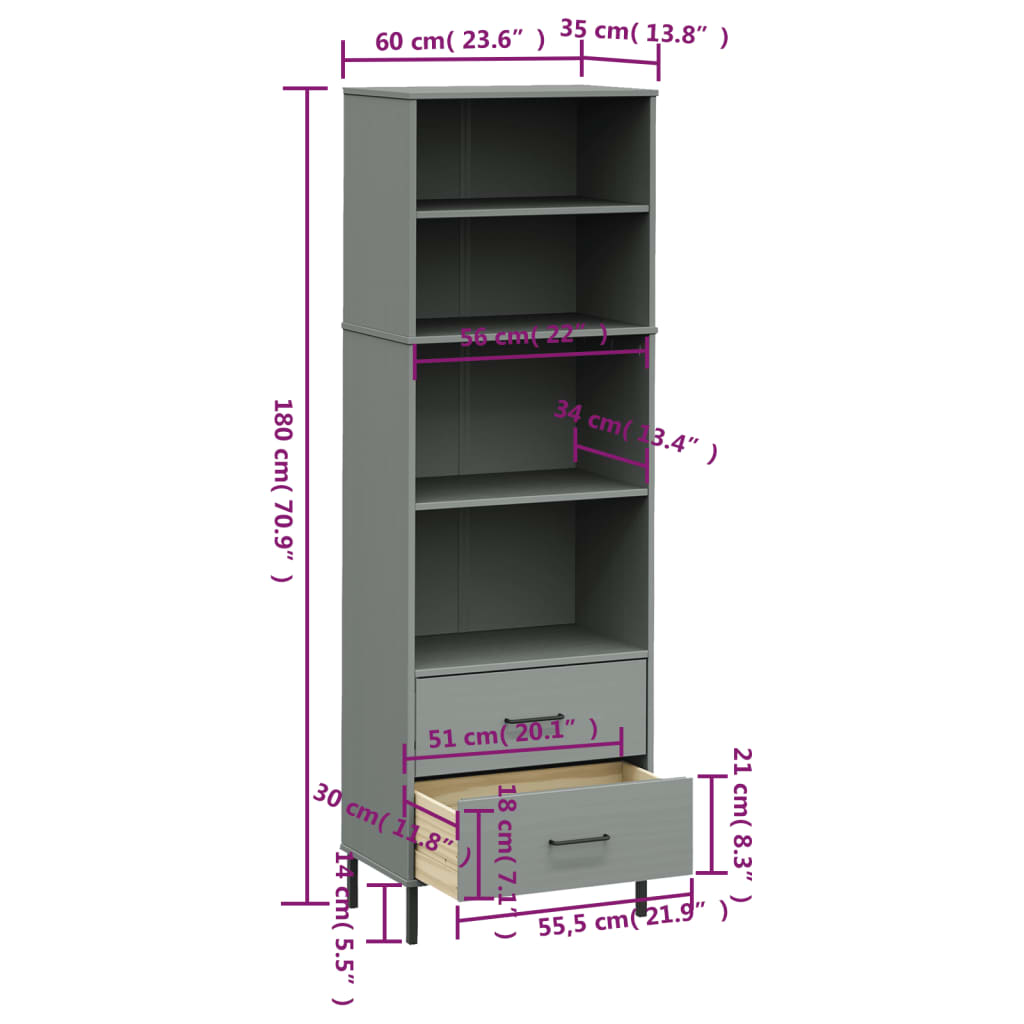 Kirjahylly 2 laatikolla harmaa 60x35x180 cm täyspuu OSLO - Sisustajankoti.fi