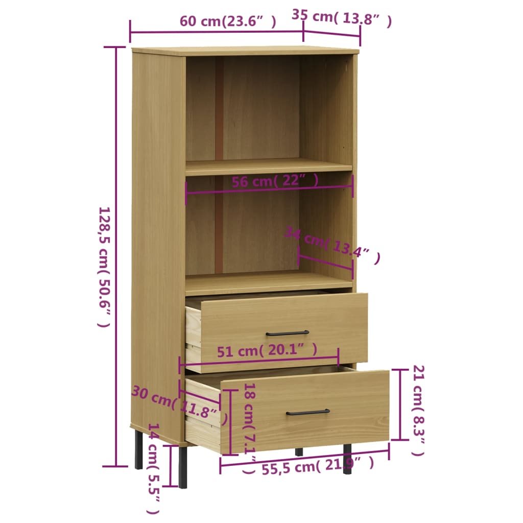 Kirjahylly 2 laatikolla ruskea 60x35x128,5 cm täyspuu OSLO - Sisustajankoti.fi