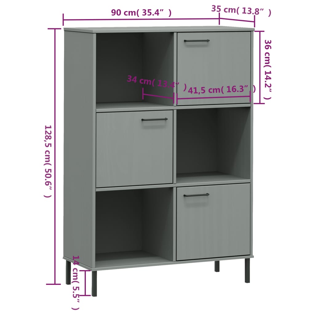 Kirjakaappi metallijaloilla harmaa 90x35x128,5 cm täyspuu OSLO - Sisustajankoti.fi