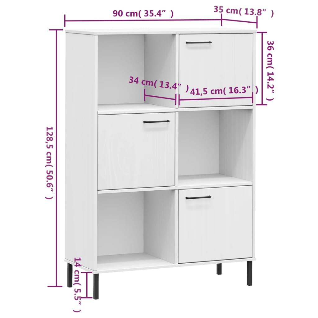 Kirjakaappi metallijaloilla valk. 90x35x128,5 cm täyspuu OSLO - Sisustajankoti.fi