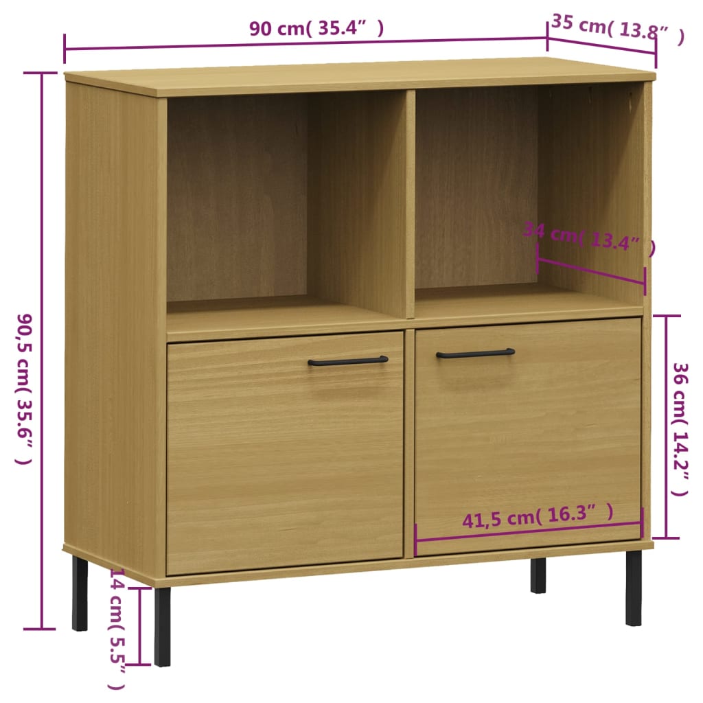 Kirjakaappi metallijaloilla ruskea 90x35x90,5 cm täyspuu OSLO - Sisustajankoti.fi