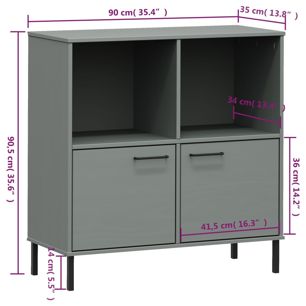Kirjakaappi metallijaloilla harmaa 90x35x90,5 cm täyspuu OSLO - Sisustajankoti.fi