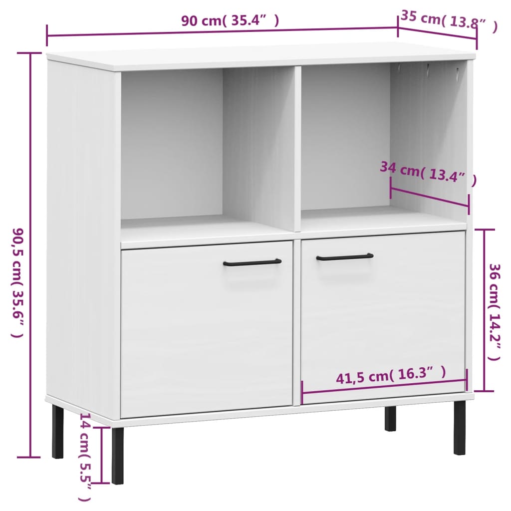 Kirjakaappi metallijaloilla valk. 90x35x90,5 cm täyspuu OSLO - Sisustajankoti.fi